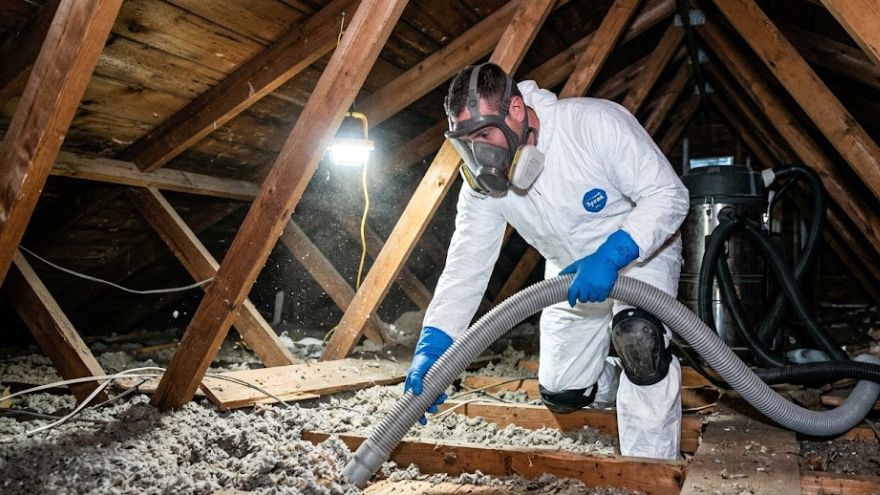 Technician in PPE performing rodent dropping cleanup and attic insulation removal in Lubbock