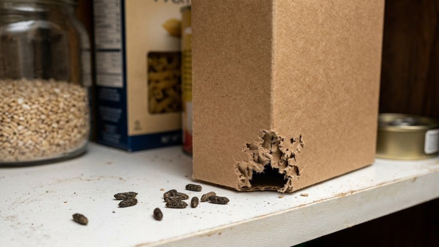 Mouse droppings and gnaw marks — signs of a mouse infestation in a Lubbock home