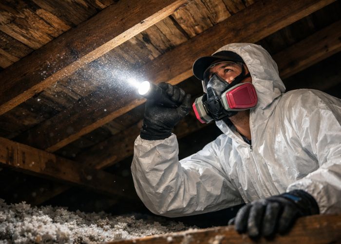 Lubbock rodent control technician inspecting a roofline in West Texas