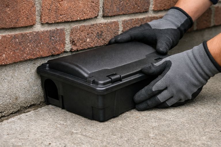 Tamper-resistant rodent bait station being placed along a wall during treatment