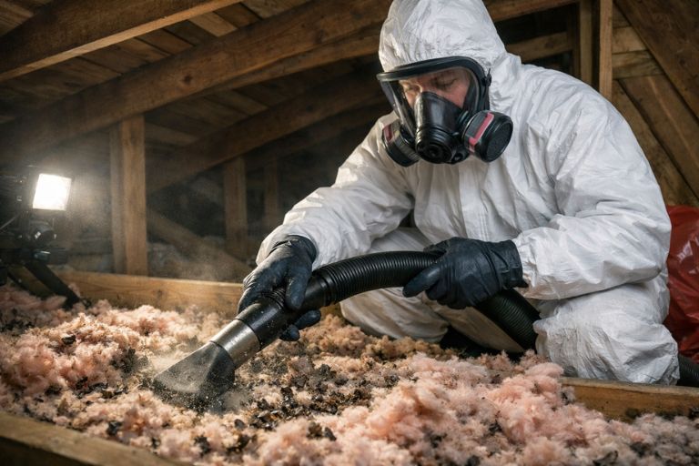 Technician in PPE removing rodent-contaminated insulation during attic cleanup