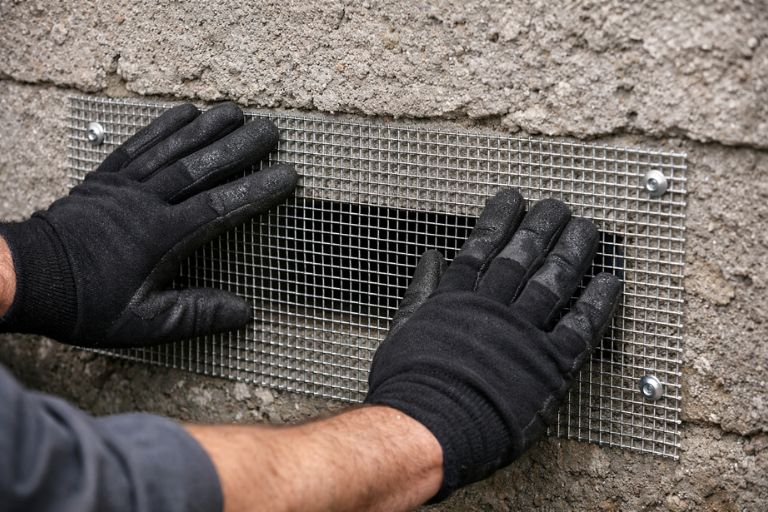 Technician installing hardware cloth over a vent opening to exclude rodents