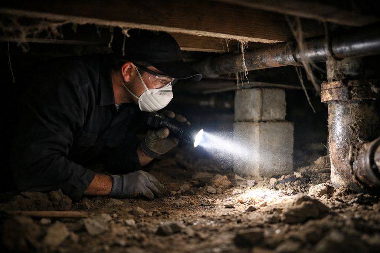 Lubbock rodent control technician inspecting an attic with a flashlight