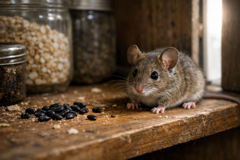 House mouse near a snap trap during Lubbock mice control treatment