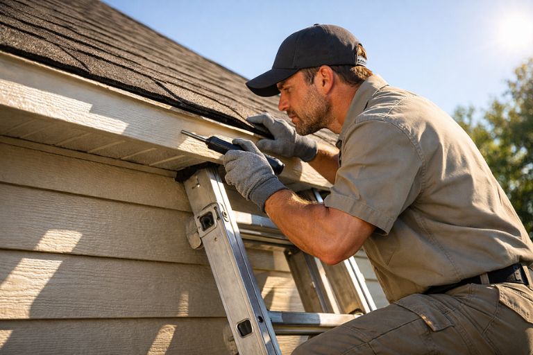 Lubbock rodent control technician inspecting a roof line for rat entry points